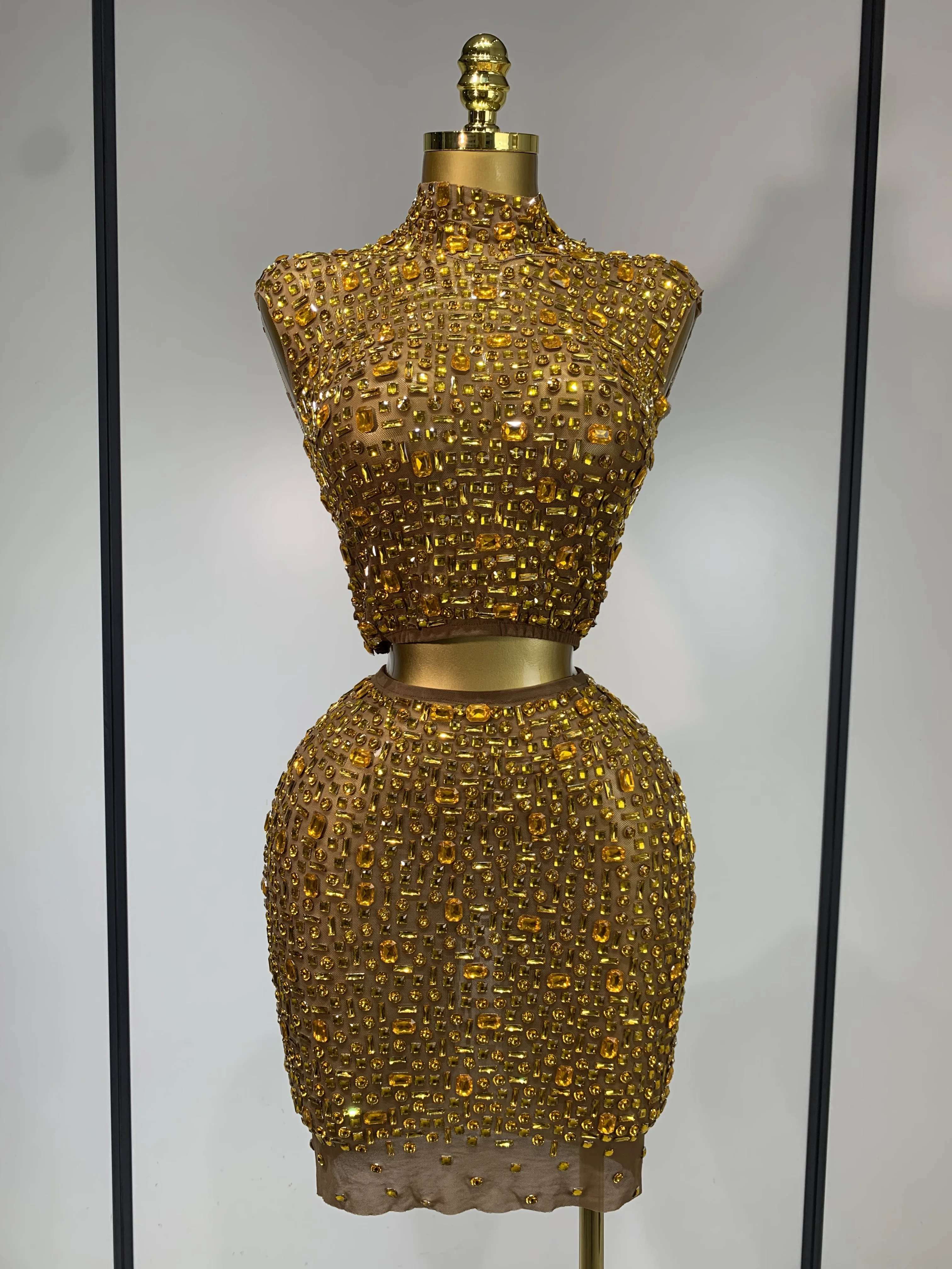 Luxury Rhinestone Mesh See Through Celebrate Birthday Dress Sparkly Top Short Skirt Two Pieces Sets Performance Stage Costume
