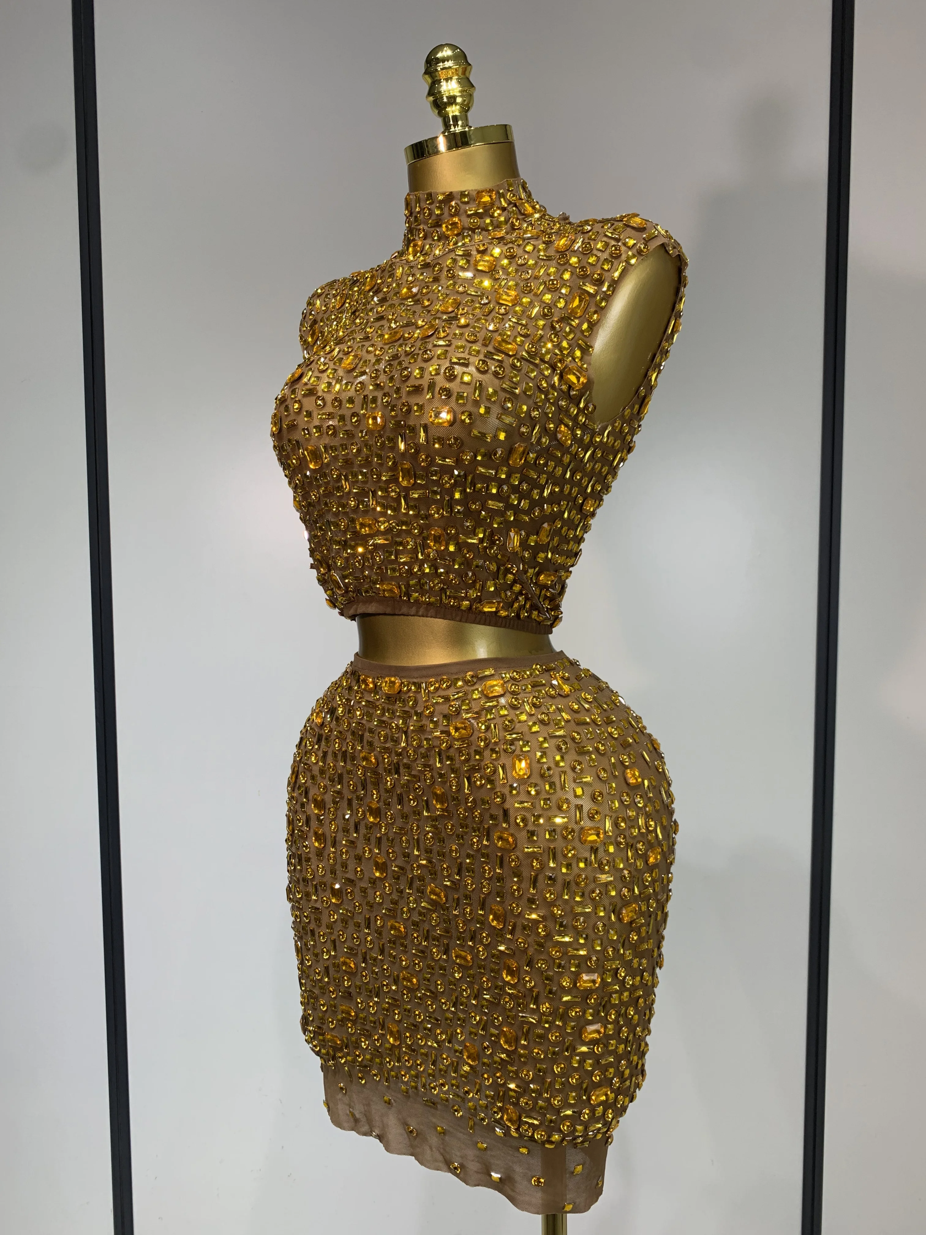 Luxury Rhinestone Mesh See Through Celebrate Birthday Dress Sparkly Top Short Skirt Two Pieces Sets Performance Stage Costume