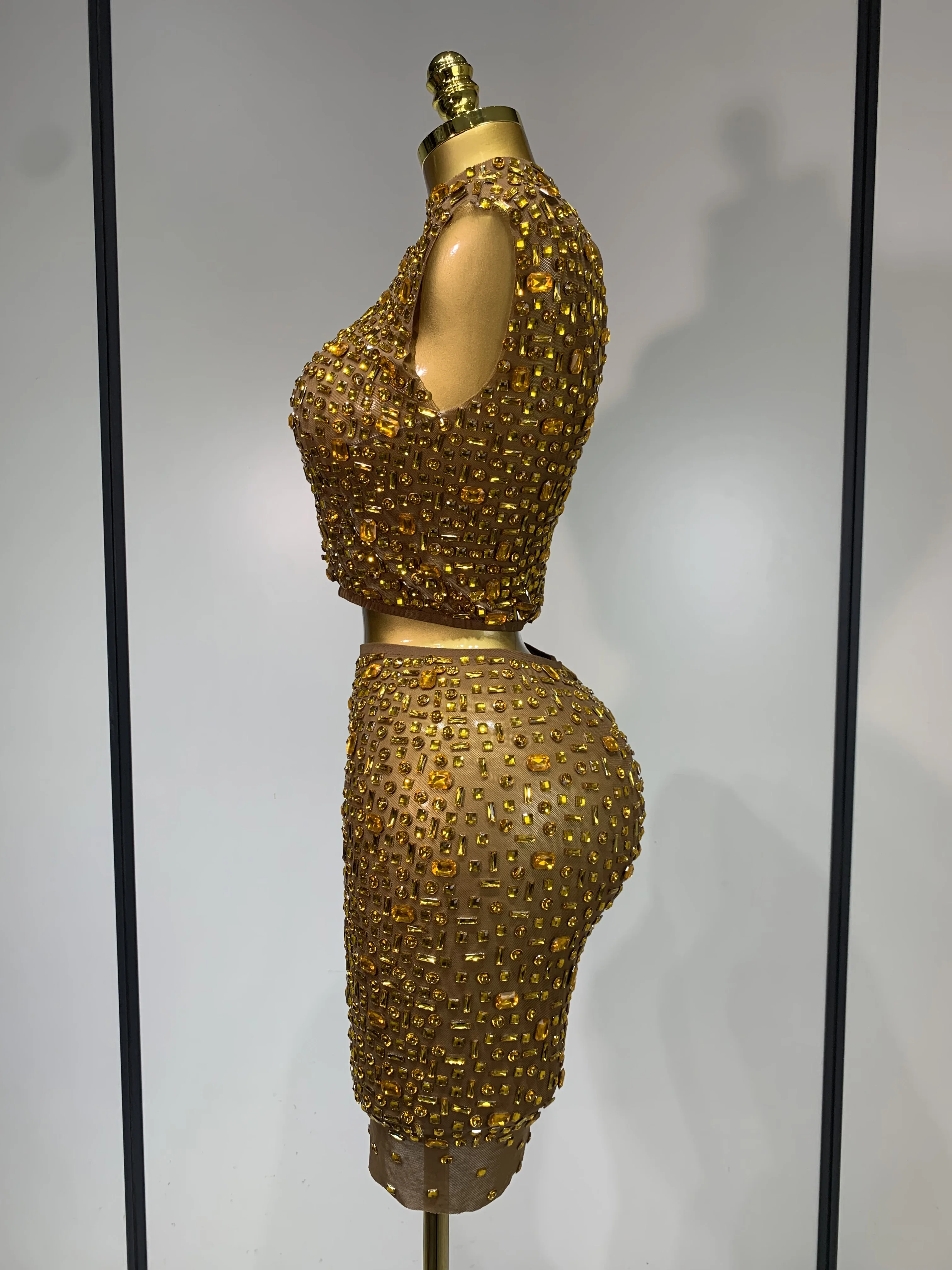 Luxury Rhinestone Mesh See Through Celebrate Birthday Dress Sparkly Top Short Skirt Two Pieces Sets Performance Stage Costume