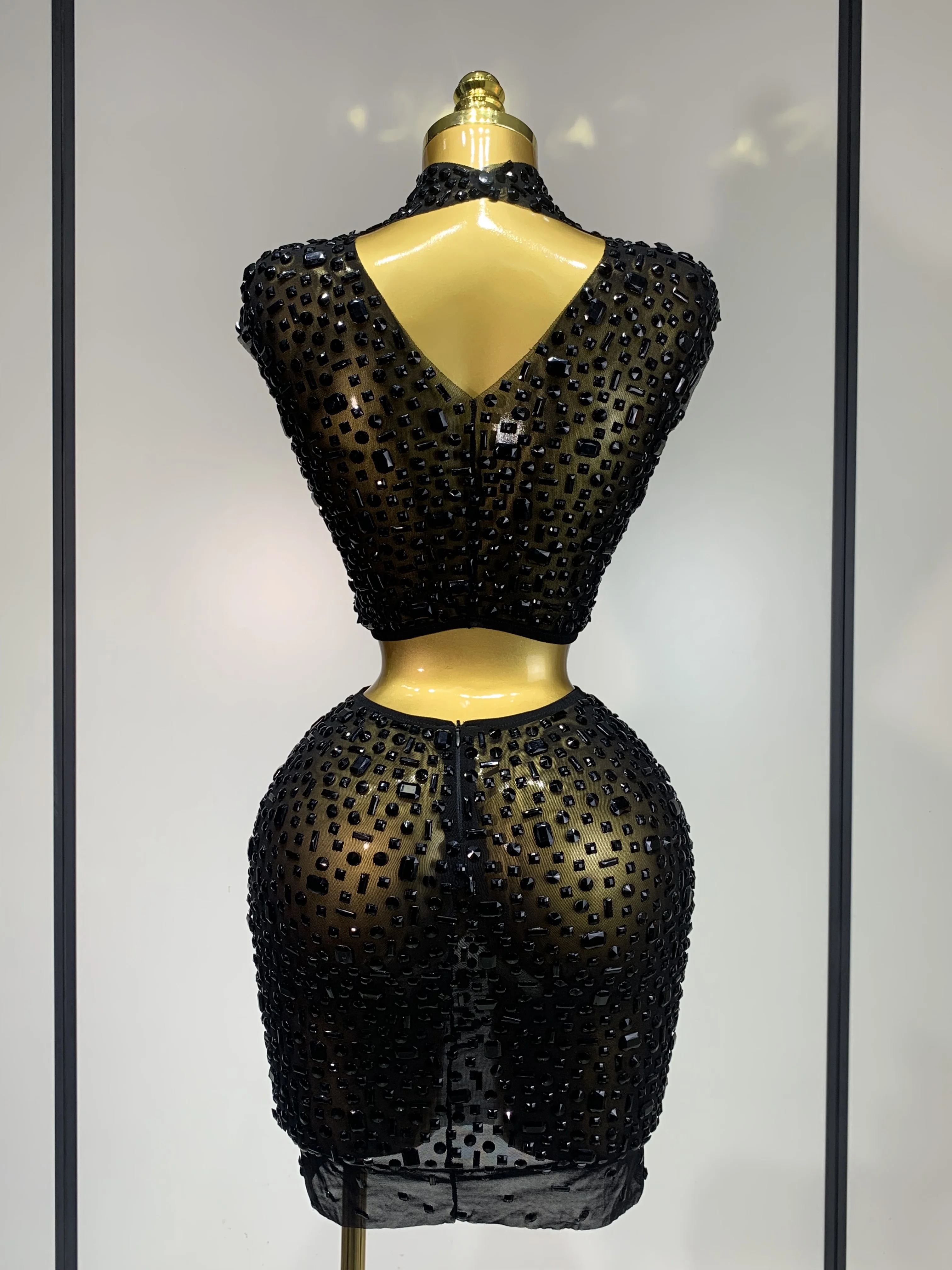 Luxury Rhinestone Mesh See Through Celebrate Birthday Dress Sparkly Top Short Skirt Two Pieces Sets Performance Stage Costume