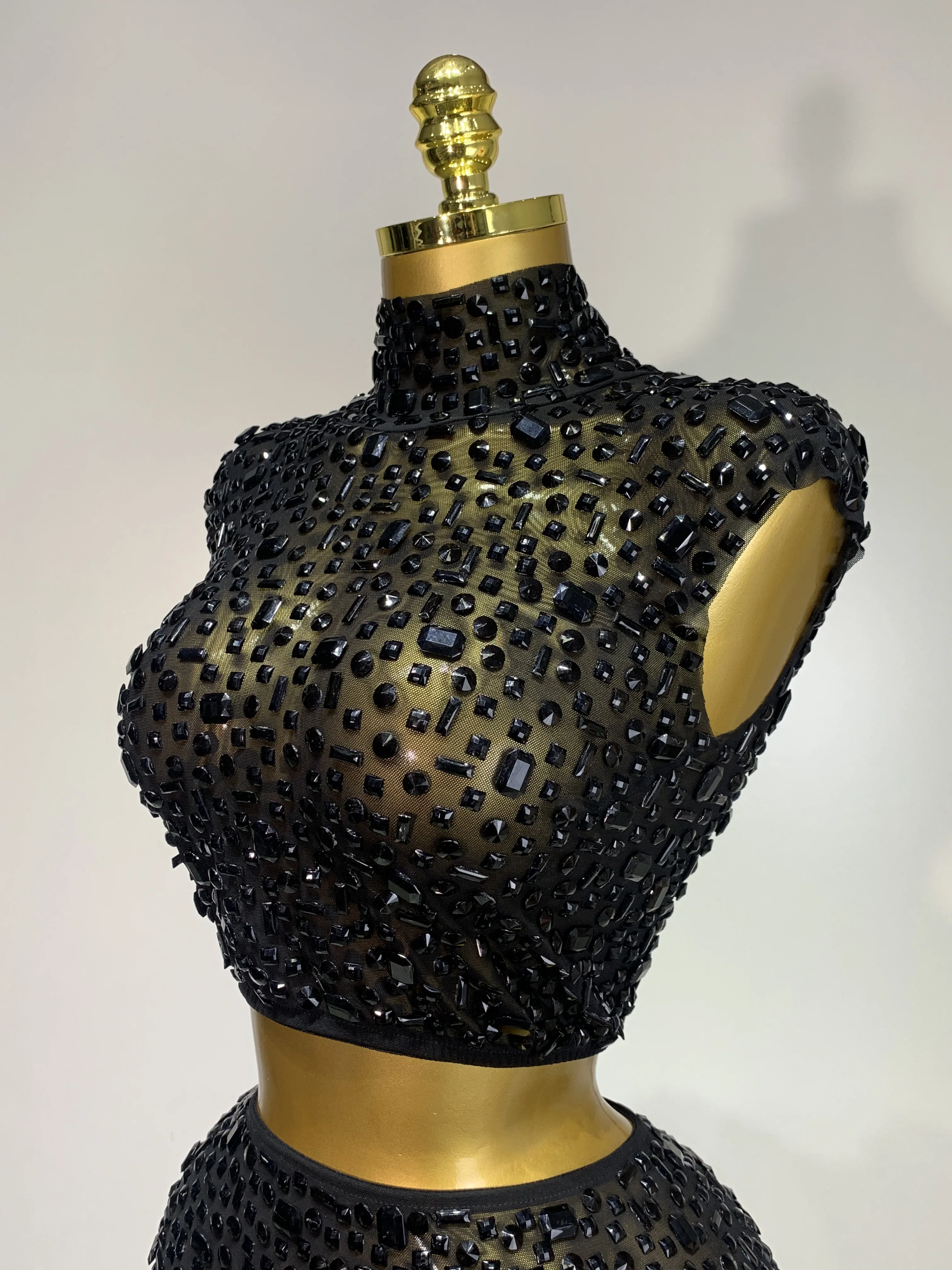 Luxury Rhinestone Mesh See Through Celebrate Birthday Dress Sparkly Top Short Skirt Two Pieces Sets Performance Stage Costume
