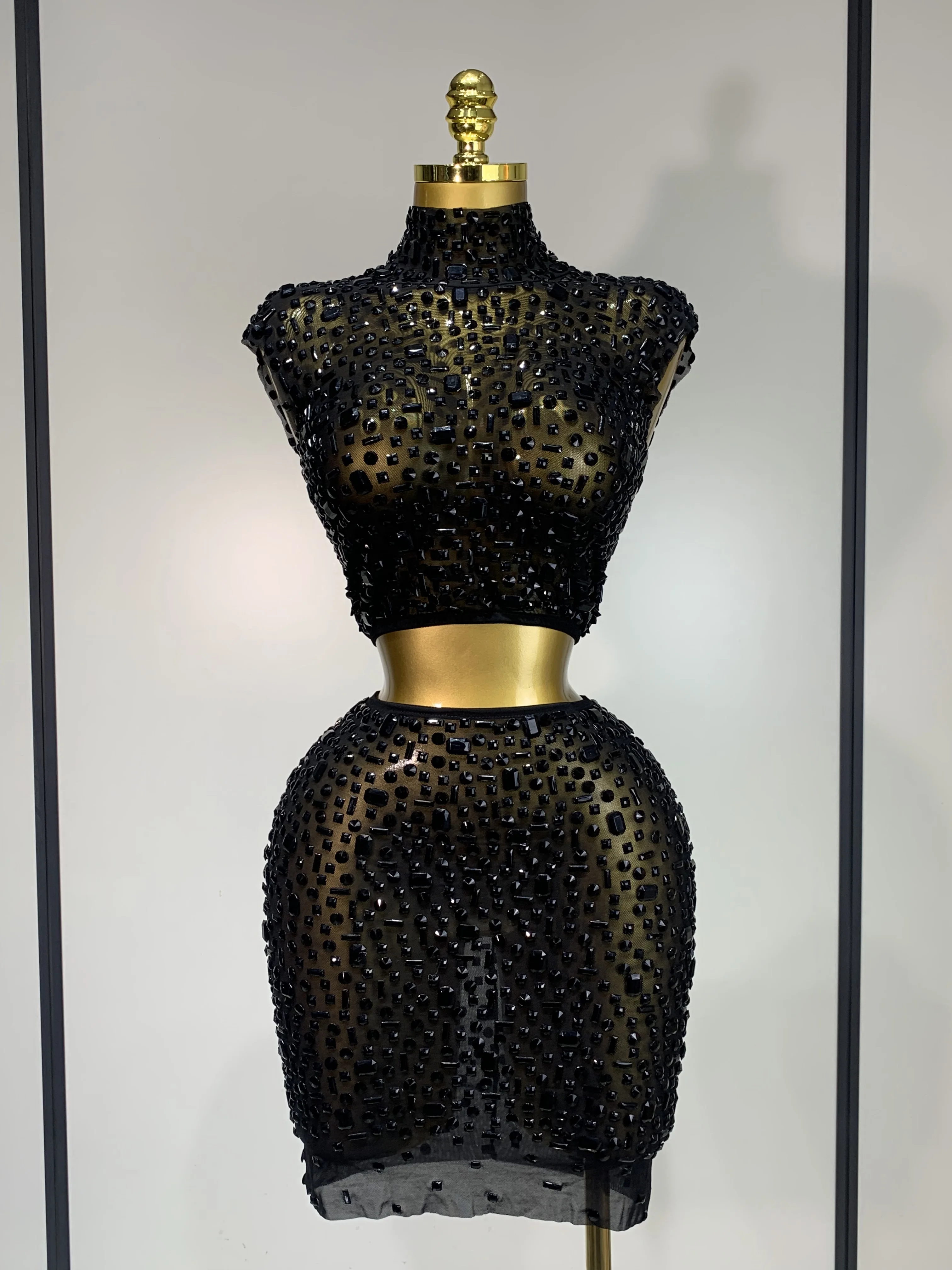 Luxury Rhinestone Mesh See Through Celebrate Birthday Dress Sparkly Top Short Skirt Two Pieces Sets Performance Stage Costume