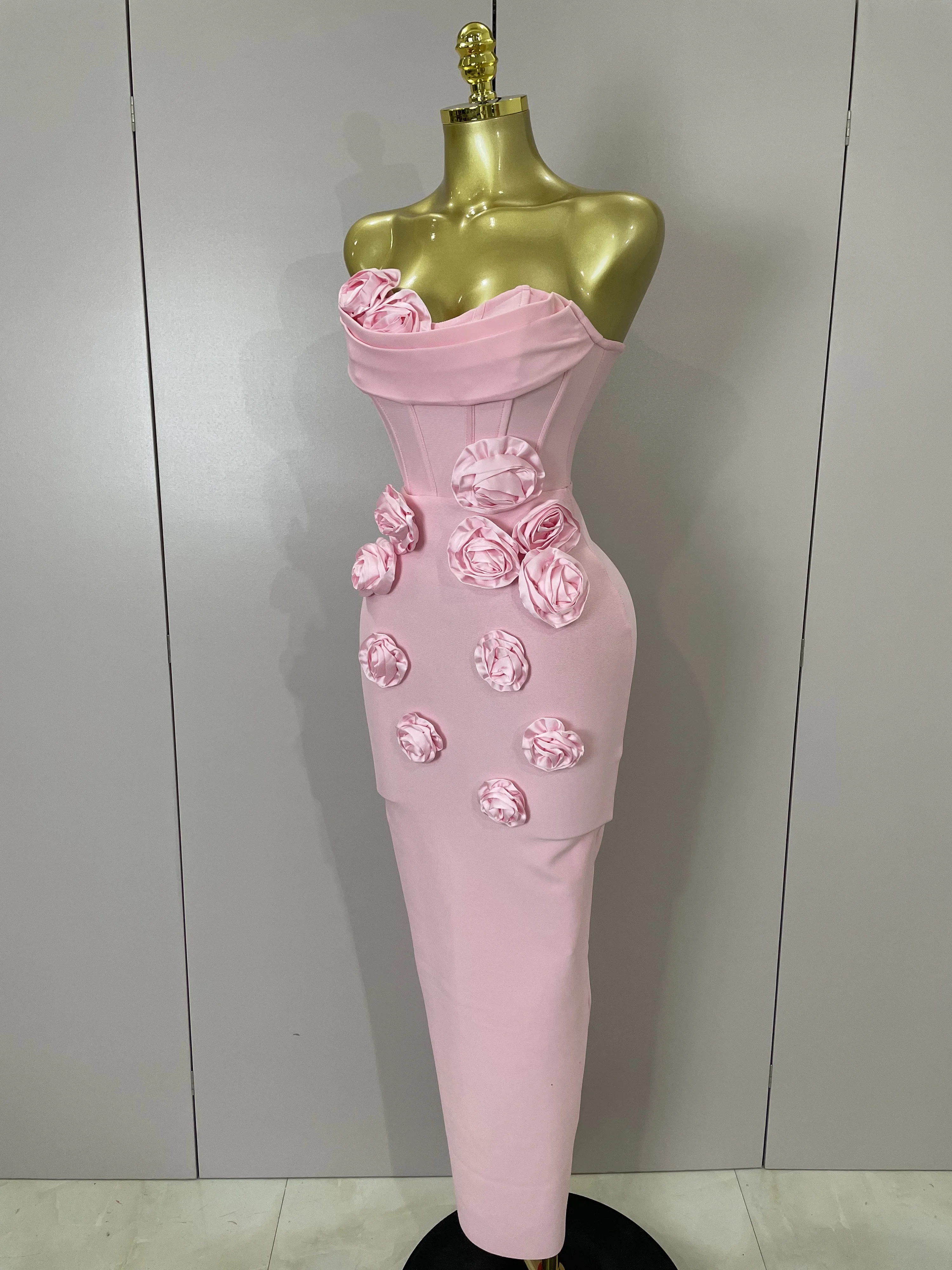 Sexy Fashion White Elegant Strapless Flower Bodycon Long Dress Women Casual Streetwear Club Birthday Party Slim Elegangt Dresses