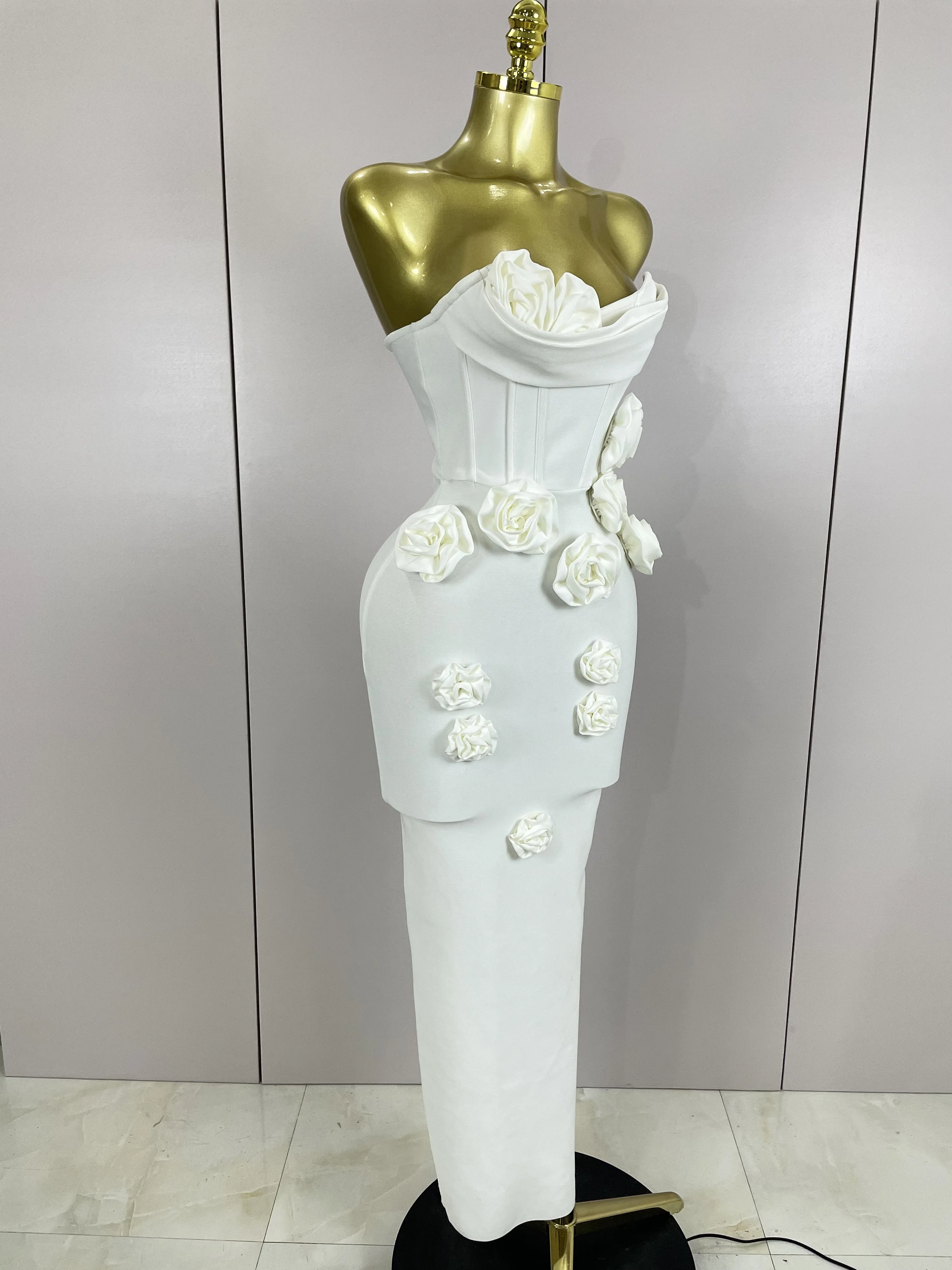 Sexy Fashion White Elegant Strapless Flower Bodycon Long Dress Women Casual Streetwear Club Birthday Party Slim Elegangt Dresses