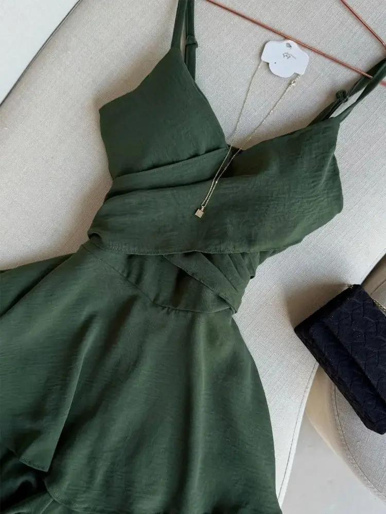 Chic Summer Dress Women Clothing Solid Color Sleeveless Sling Robe Femme 2025 Vestidos De Mujer Slim Waist Folds Mini Dresses