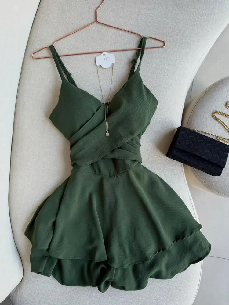 Chic Summer Dress Women Clothing Solid Color Sleeveless Sling Robe Femme 2025 Vestidos De Mujer Slim Waist Folds Mini Dresses