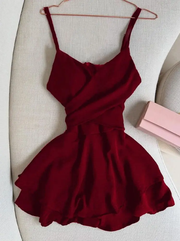 Chic Summer Dress Women Clothing Solid Color Sleeveless Sling Robe Femme 2025 Vestidos De Mujer Slim Waist Folds Mini Dresses