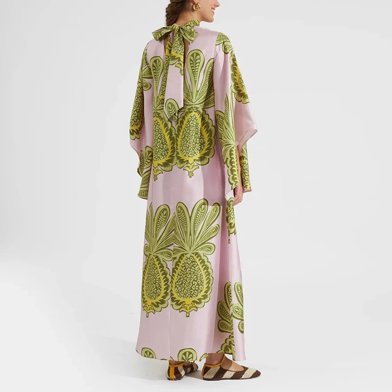 Ethnic Retro Spring Print Boho Long Dress Women Sexy Stand Collar Lace-up Party Dress Fall Long Sleeve Loose Ladies Maxi Dresses