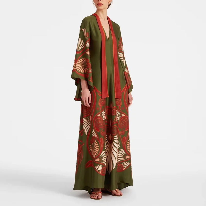 Ethnic Retro Spring Print Boho Long Dress Women Sexy Stand Collar Lace-up Party Dress Fall Long Sleeve Loose Ladies Maxi Dresses