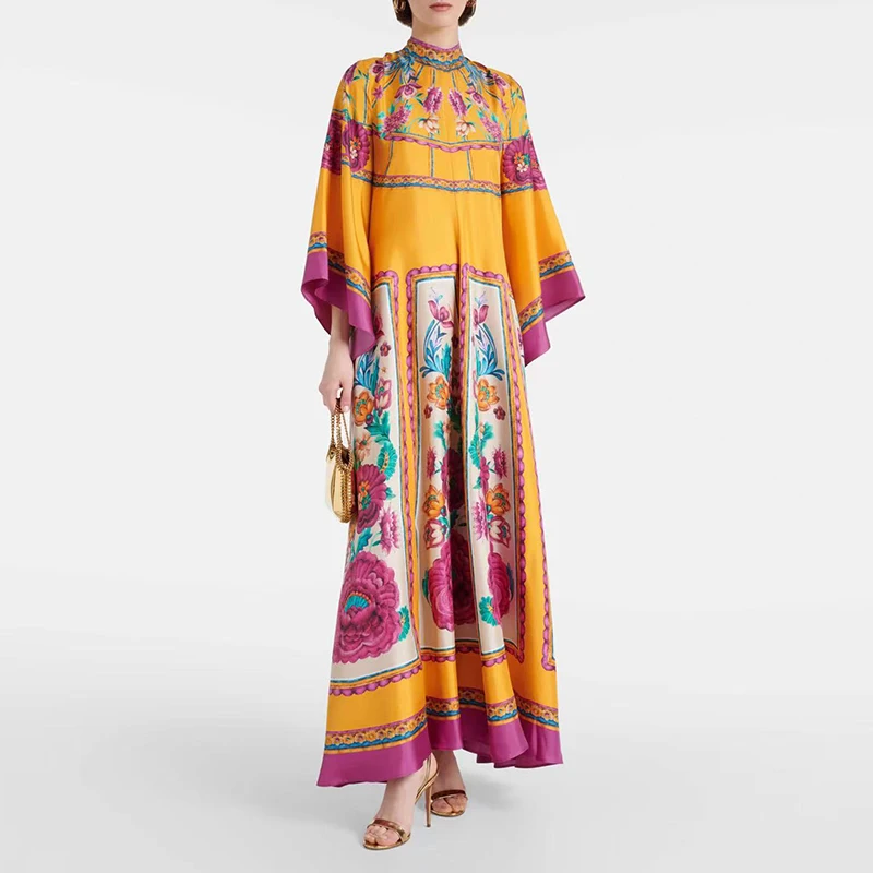 Ethnic Retro Spring Print Boho Long Dress Women Sexy Stand Collar Lace-up Party Dress Fall Long Sleeve Loose Ladies Maxi Dresses