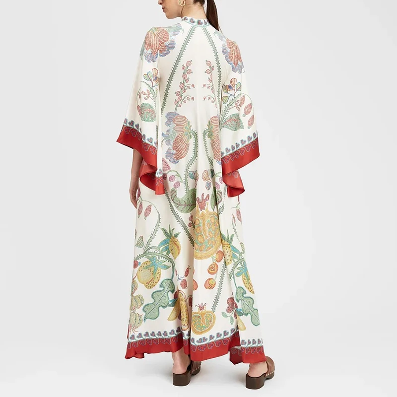 Ethnic Retro Spring Print Boho Long Dress Women Sexy Stand Collar Lace-up Party Dress Fall Long Sleeve Loose Ladies Maxi Dresses
