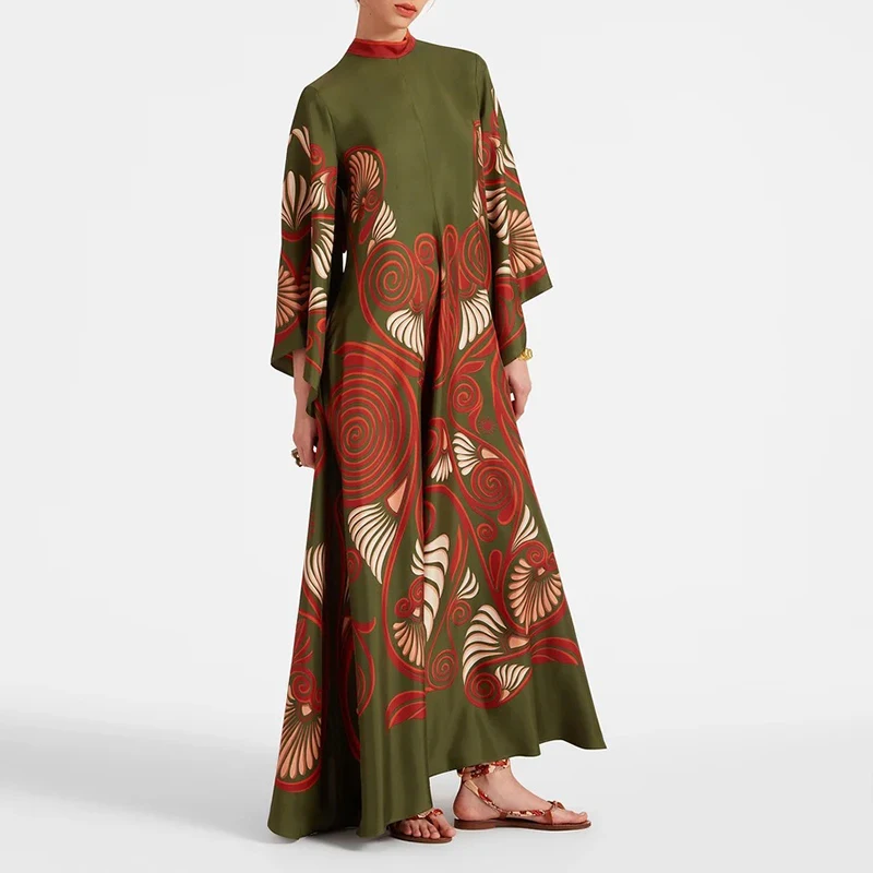 Ethnic Retro Spring Print Boho Long Dress Women Sexy Stand Collar Lace-up Party Dress Fall Long Sleeve Loose Ladies Maxi Dresses