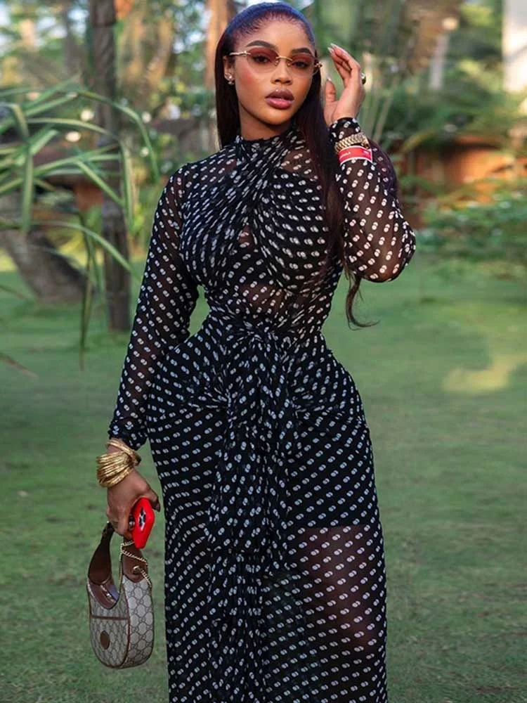 Spring Female Clothes Long Sleeve Maxi Dress for Woman Boho Black and White Dresses Elegant Mid-turtleneck Waist Slimming Dress