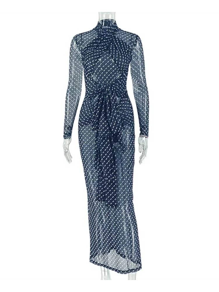 Spring Female Clothes Long Sleeve Maxi Dress for Woman Boho Black and White Dresses Elegant Mid-turtleneck Waist Slimming Dress
