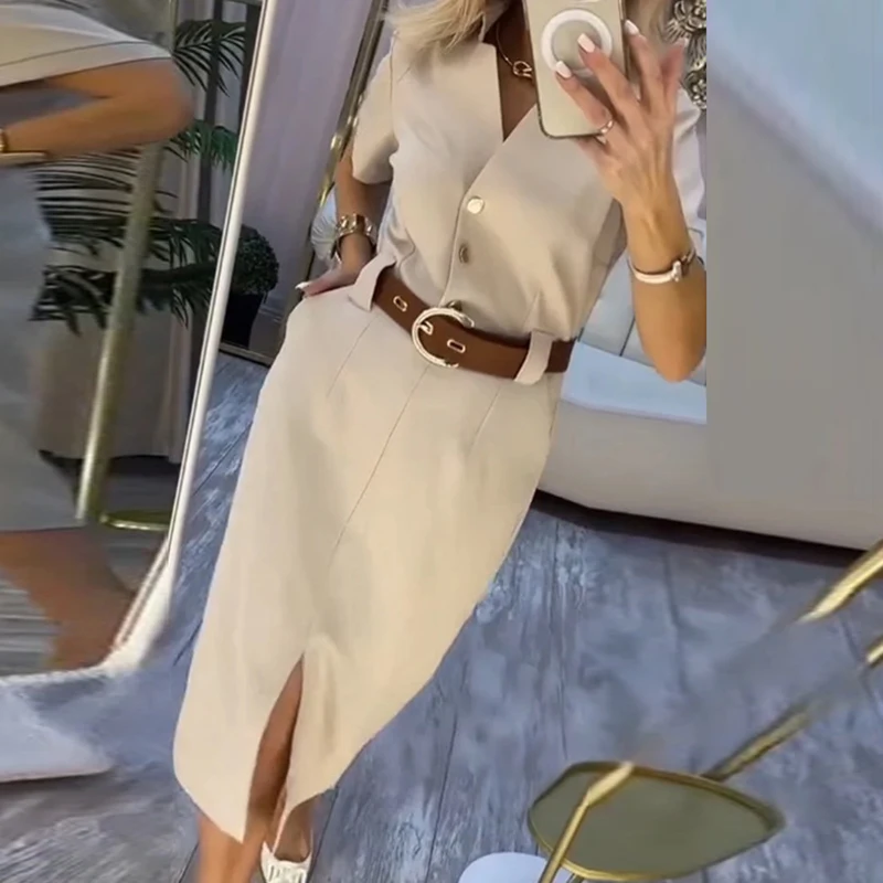 Women Fashion Hight Waist Solid Party Dress Elegant Short Sleeve Split Straight Dress Sexy V-neck Single breasted Midi Dress