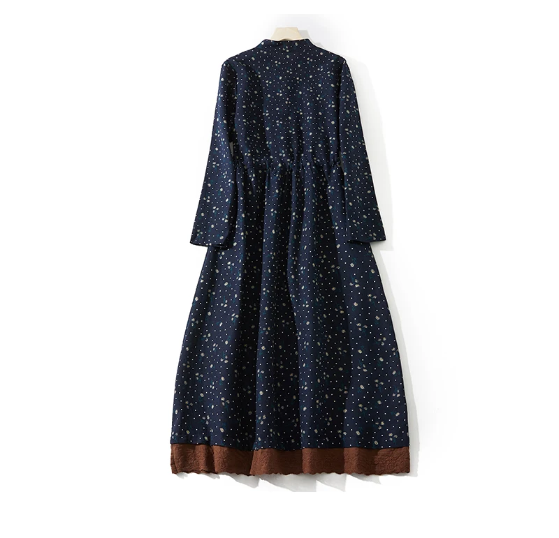 2024 Print Floral Patchwork Vintage Autumn Dress Draw String Office Lady Outdoor Work Dress Fashion Women Casual Spring Dress