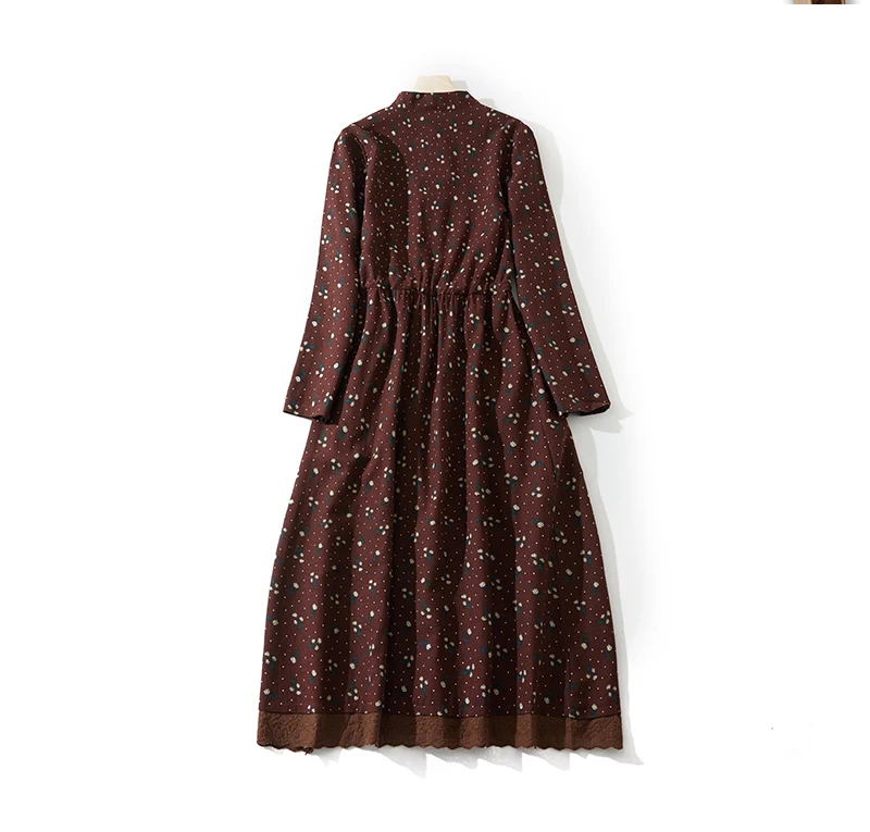 2024 Print Floral Patchwork Vintage Autumn Dress Draw String Office Lady Outdoor Work Dress Fashion Women Casual Spring Dress