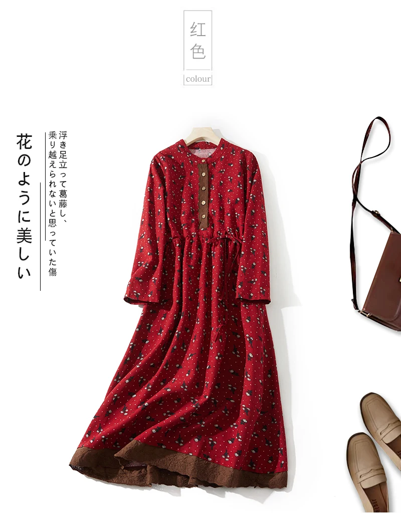 2024 Print Floral Patchwork Vintage Autumn Dress Draw String Office Lady Outdoor Work Dress Fashion Women Casual Spring Dress