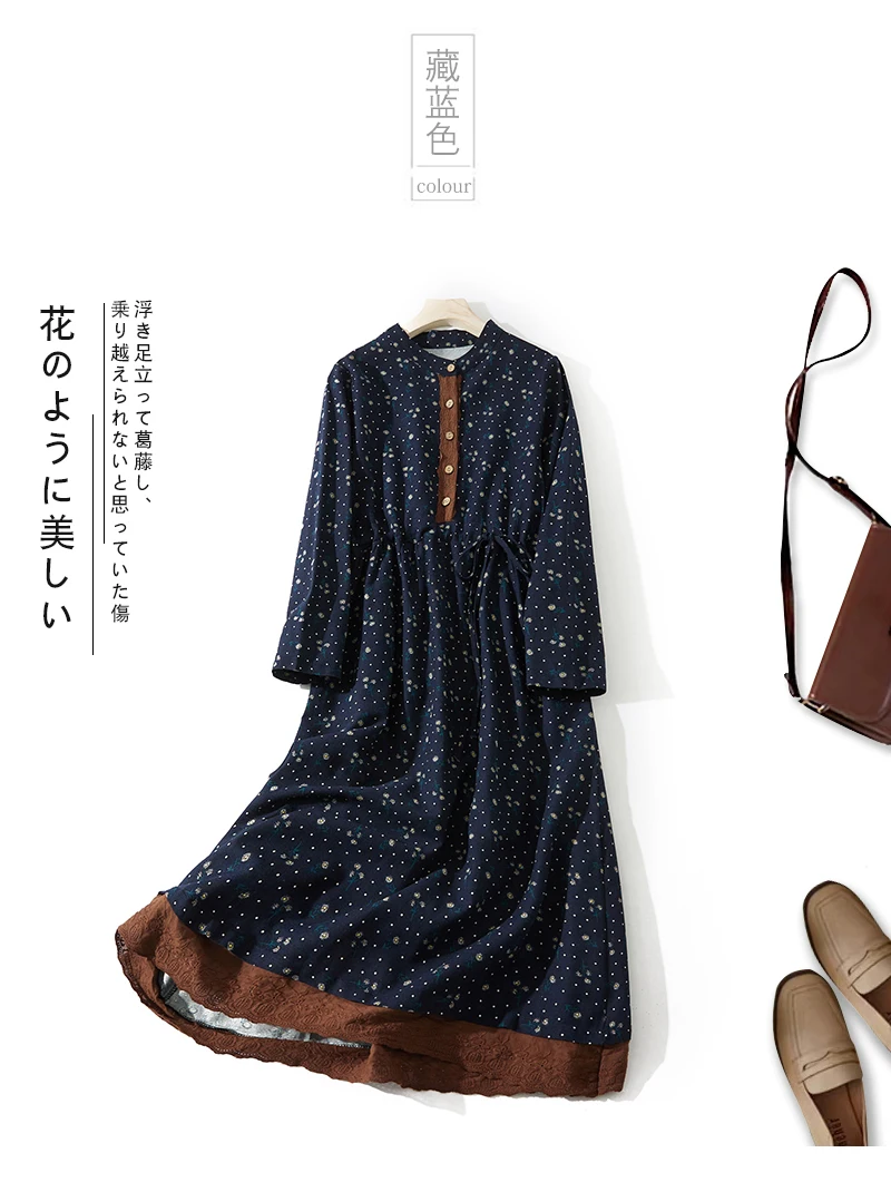 2024 Print Floral Patchwork Vintage Autumn Dress Draw String Office Lady Outdoor Work Dress Fashion Women Casual Spring Dress