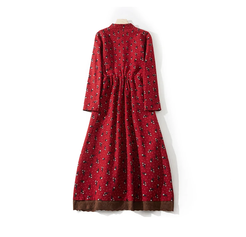 2024 Print Floral Patchwork Vintage Autumn Dress Draw String Office Lady Outdoor Work Dress Fashion Women Casual Spring Dress