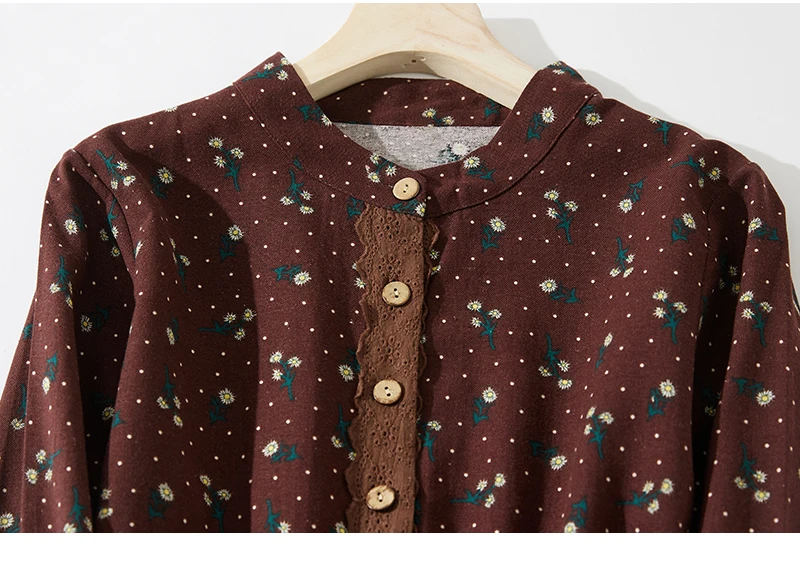 2024 Print Floral Patchwork Vintage Autumn Dress Draw String Office Lady Outdoor Work Dress Fashion Women Casual Spring Dress