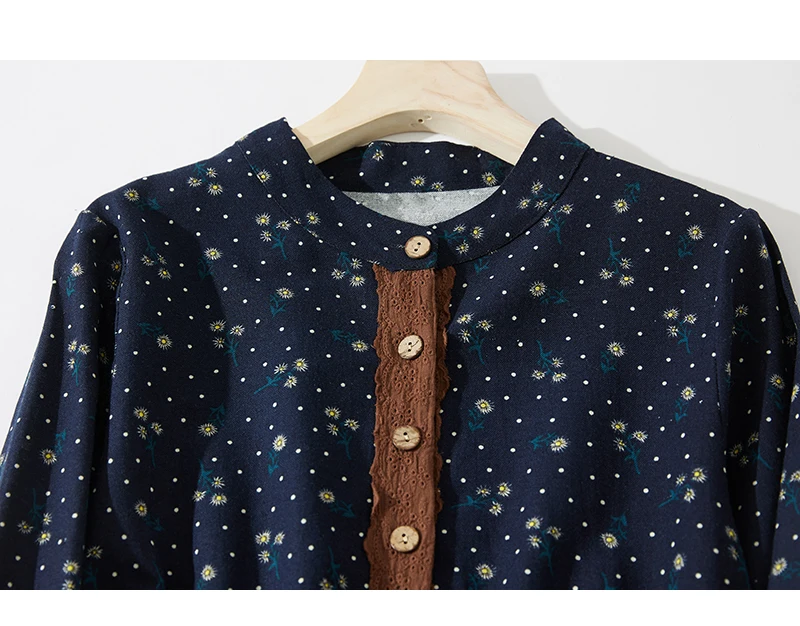 2024 Print Floral Patchwork Vintage Autumn Dress Draw String Office Lady Outdoor Work Dress Fashion Women Casual Spring Dress