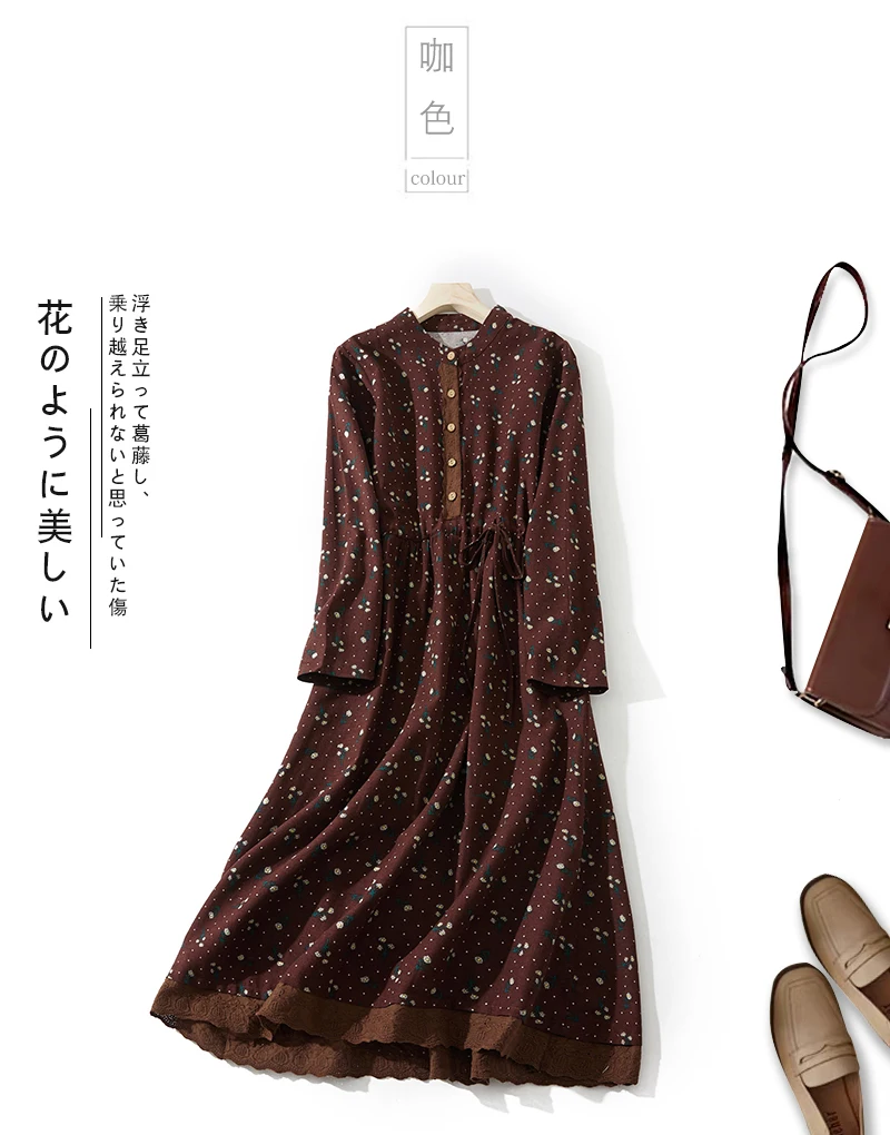 2024 Print Floral Patchwork Vintage Autumn Dress Draw String Office Lady Outdoor Work Dress Fashion Women Casual Spring Dress