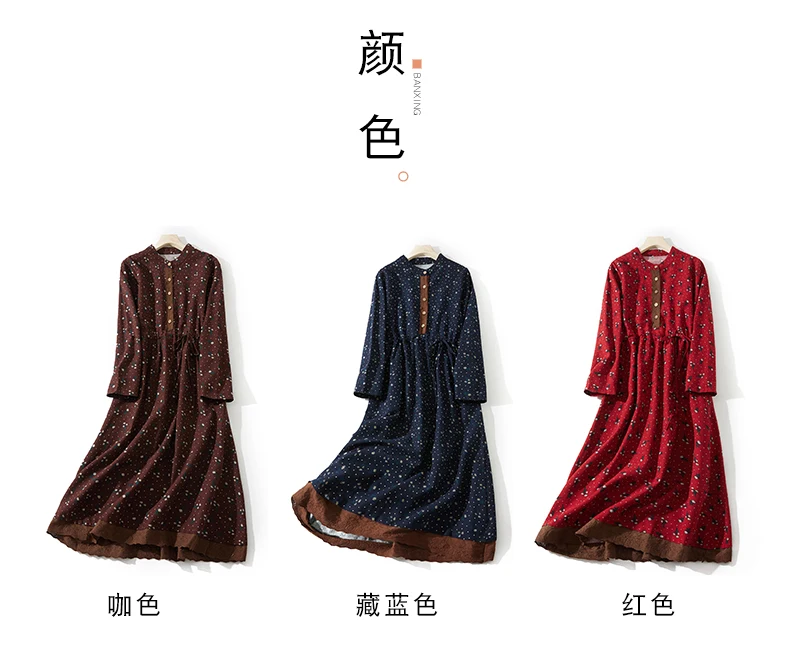 2024 Print Floral Patchwork Vintage Autumn Dress Draw String Office Lady Outdoor Work Dress Fashion Women Casual Spring Dress