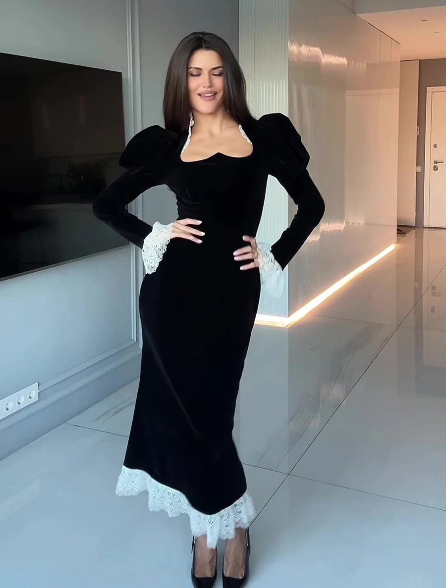 Elegant Velvet Mermaid Dress Lace Patchwork Cuff Women High Waist Long Dress Party Club Black Evening Gown 2026 Lady Chic Robe
