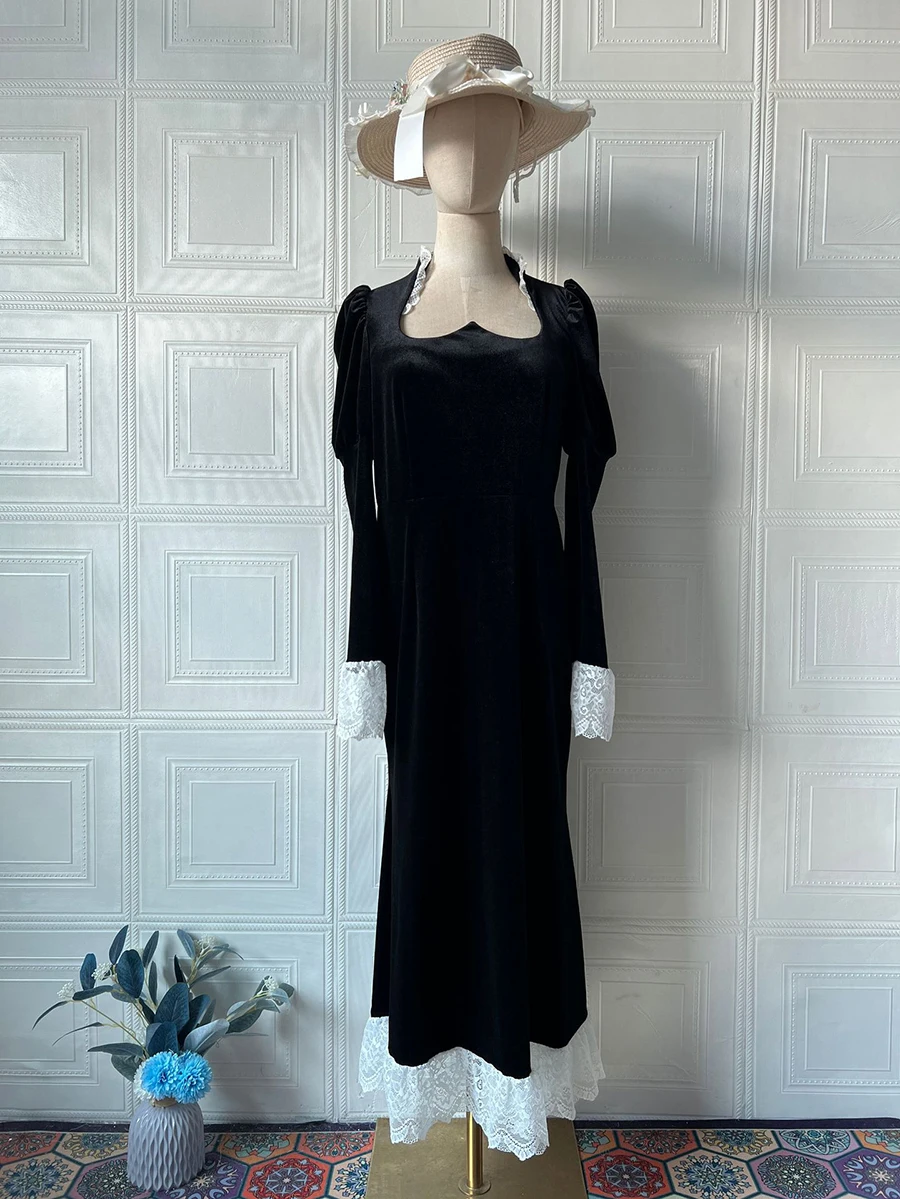 Elegant Velvet Mermaid Dress Lace Patchwork Cuff Women High Waist Long Dress Party Club Black Evening Gown 2026 Lady Chic Robe