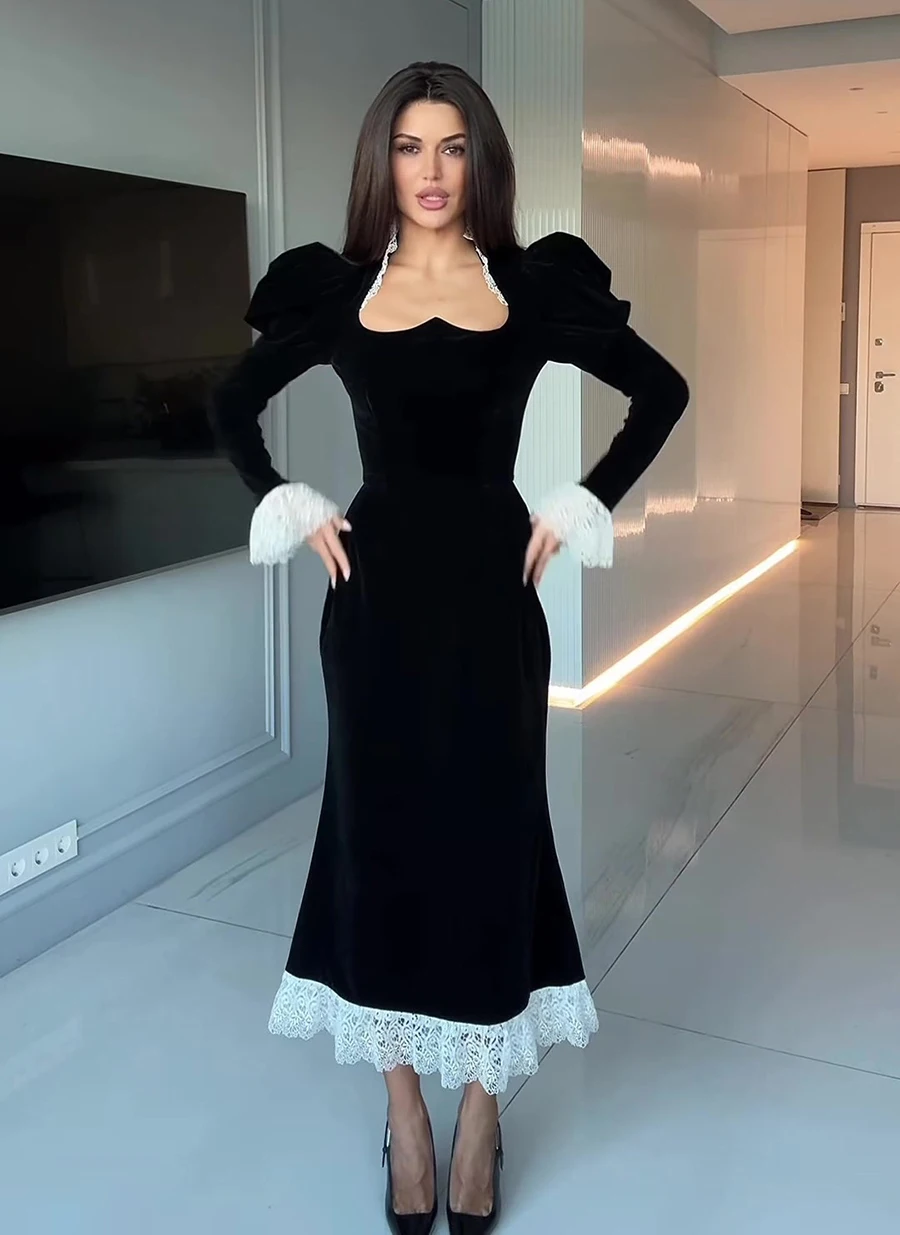 Elegant Velvet Mermaid Dress Lace Patchwork Cuff Women High Waist Long Dress Party Club Black Evening Gown 2026 Lady Chic Robe