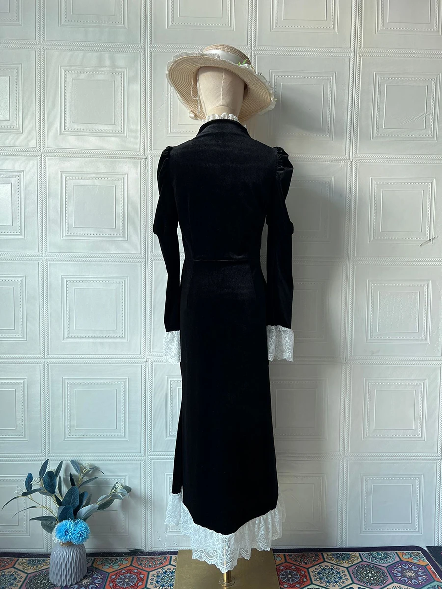Elegant Velvet Mermaid Dress Lace Patchwork Cuff Women High Waist Long Dress Party Club Black Evening Gown 2026 Lady Chic Robe
