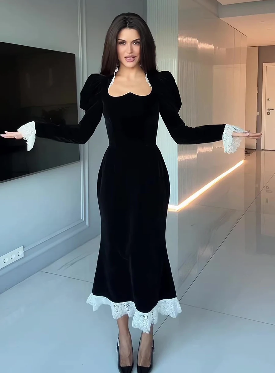 Elegant Velvet Mermaid Dress Lace Patchwork Cuff Women High Waist Long Dress Party Club Black Evening Gown 2026 Lady Chic Robe