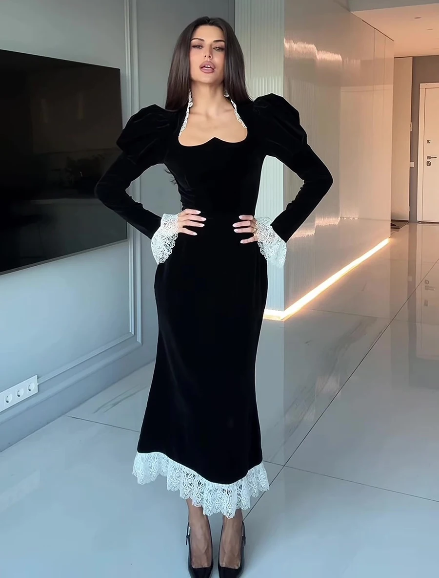 Elegant Velvet Mermaid Dress Lace Patchwork Cuff Women High Waist Long Dress Party Club Black Evening Gown 2026 Lady Chic Robe