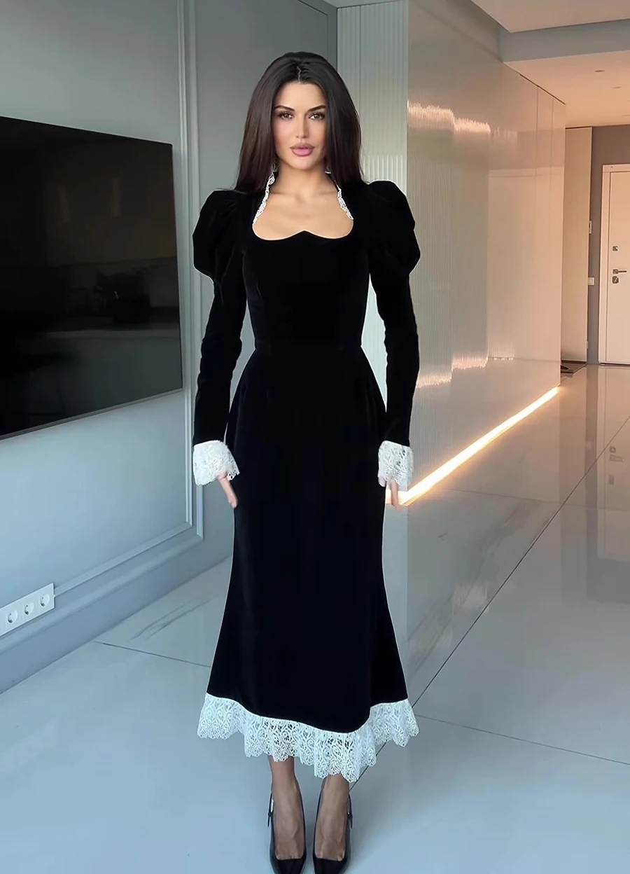 Elegant Velvet Mermaid Dress Lace Patchwork Cuff Women High Waist Long Dress Party Club Black Evening Gown 2026 Lady Chic Robe