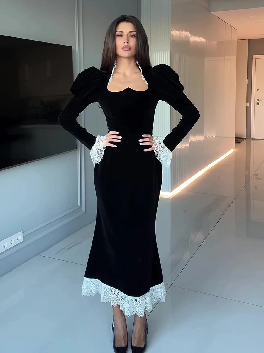 Elegant Velvet Mermaid Dress Lace Patchwork Cuff Women High Waist Long Dress Party Club Black Evening Gown 2026 Lady Chic Robe