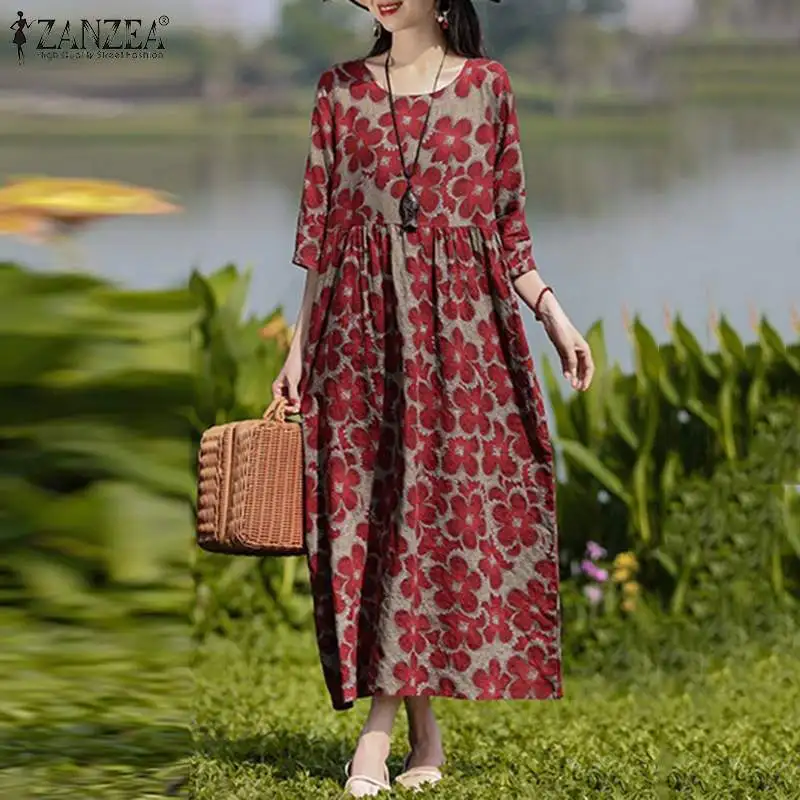 ZANZEA Bohemian Floral Printed Dress Autumn Long Sleeve O-Neck Maxi Robe Woman Casual Holiday Sundress Elegant Party Vestidos