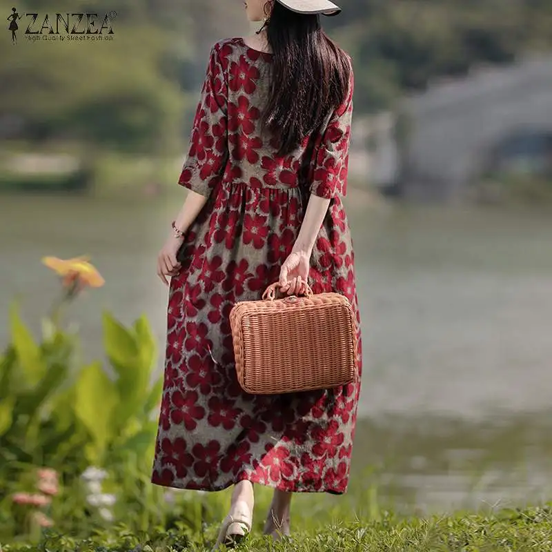 ZANZEA Bohemian Floral Printed Dress Autumn Long Sleeve O-Neck Maxi Robe Woman Casual Holiday Sundress Elegant Party Vestidos