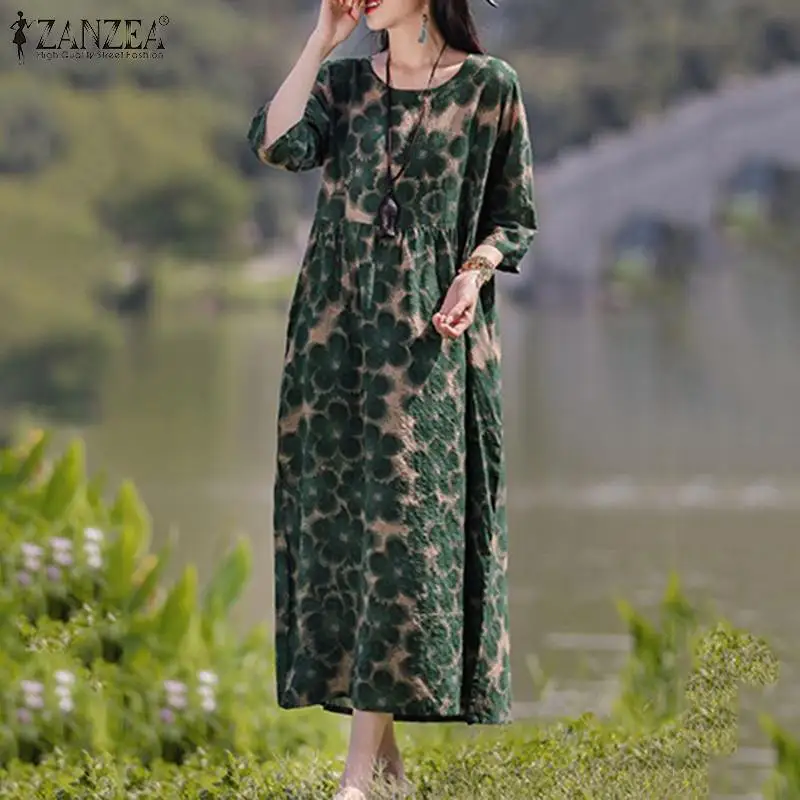ZANZEA Bohemian Floral Printed Dress Autumn Long Sleeve O-Neck Maxi Robe Woman Casual Holiday Sundress Elegant Party Vestidos
