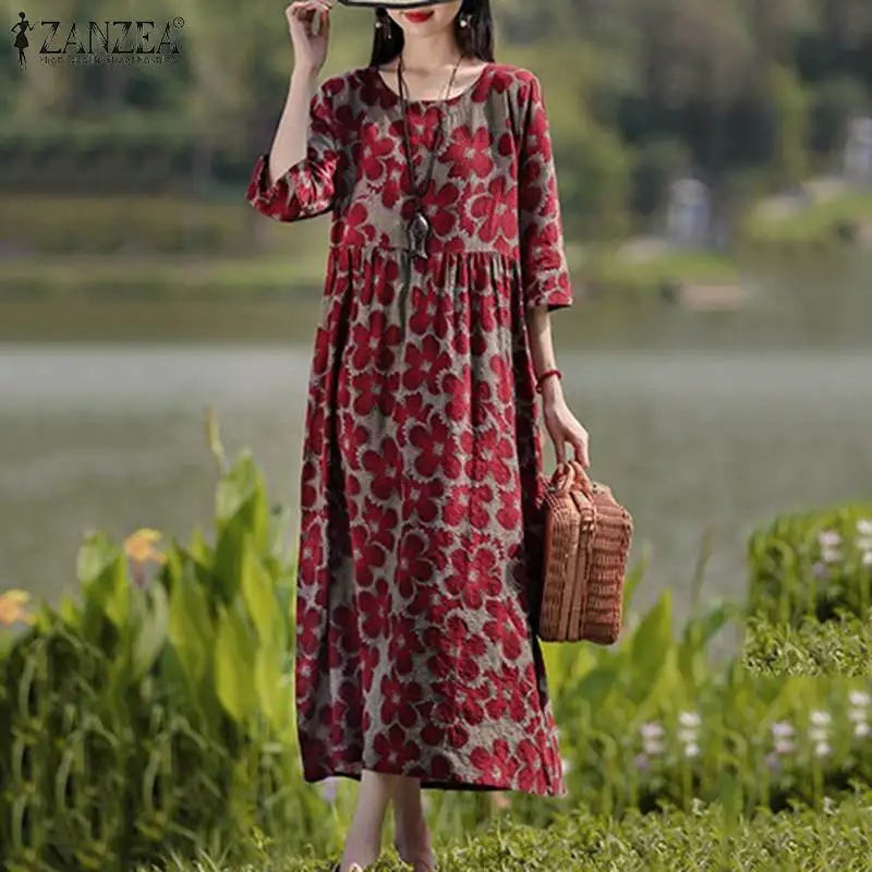 ZANZEA Bohemian Floral Printed Dress Autumn Long Sleeve O-Neck Maxi Robe Woman Casual Holiday Sundress Elegant Party Vestidos