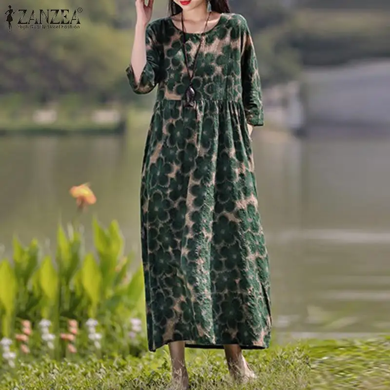 ZANZEA Bohemian Floral Printed Dress Autumn Long Sleeve O-Neck Maxi Robe Woman Casual Holiday Sundress Elegant Party Vestidos