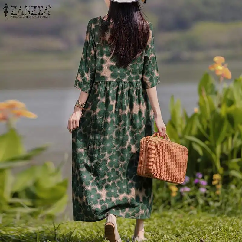 ZANZEA Bohemian Floral Printed Dress Autumn Long Sleeve O-Neck Maxi Robe Woman Casual Holiday Sundress Elegant Party Vestidos