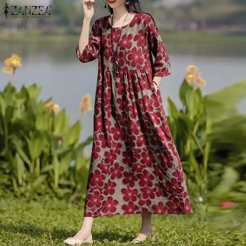 ZANZEA Bohemian Floral Printed Dress Autumn Long Sleeve O-Neck Maxi Robe Woman Casual Holiday Sundress Elegant Party Vestidos