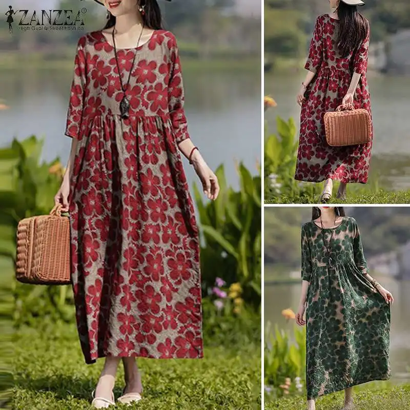 ZANZEA Bohemian Floral Printed Dress Autumn Long Sleeve O-Neck Maxi Robe Woman Casual Holiday Sundress Elegant Party Vestidos