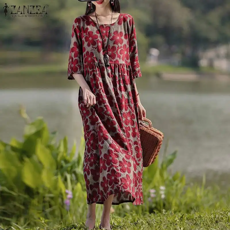 ZANZEA Bohemian Floral Printed Dress Autumn Long Sleeve O-Neck Maxi Robe Woman Casual Holiday Sundress Elegant Party Vestidos