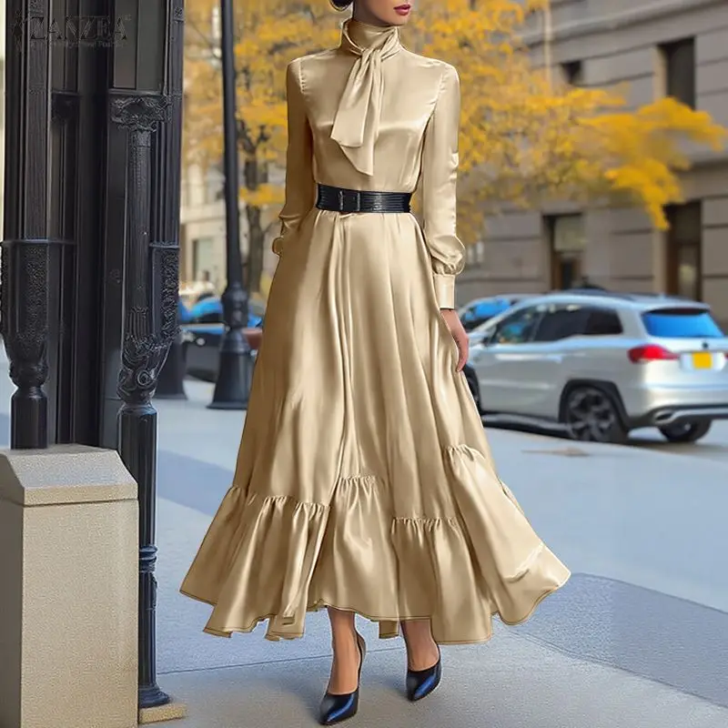 ZANZEA Elegant Women Satin Silk Party Maxi Dress Tie Neck Long Sleeve Ruffled Hem Long Dress Evening Cocktail Glossy Robes Femme