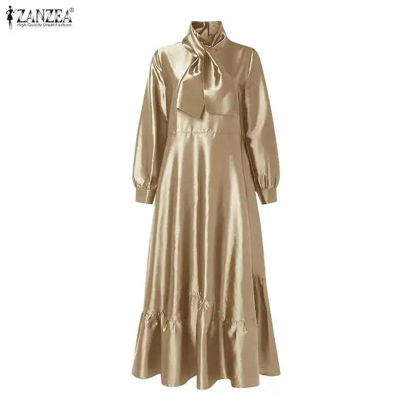 ZANZEA Elegant Women Satin Silk Party Maxi Dress Tie Neck Long Sleeve Ruffled Hem Long Dress Evening Cocktail Glossy Robes Femme
