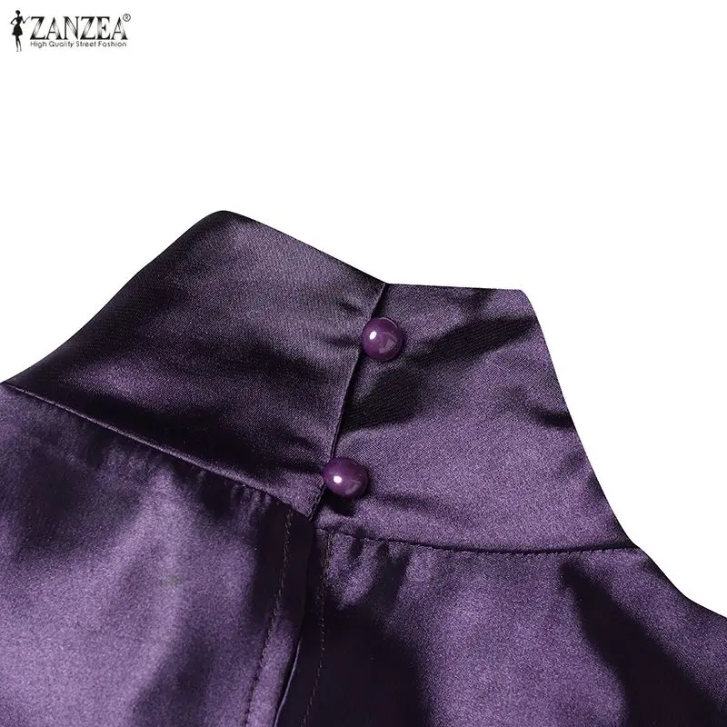 ZANZEA Elegant Women Satin Silk Party Maxi Dress Tie Neck Long Sleeve Ruffled Hem Long Dress Evening Cocktail Glossy Robes Femme