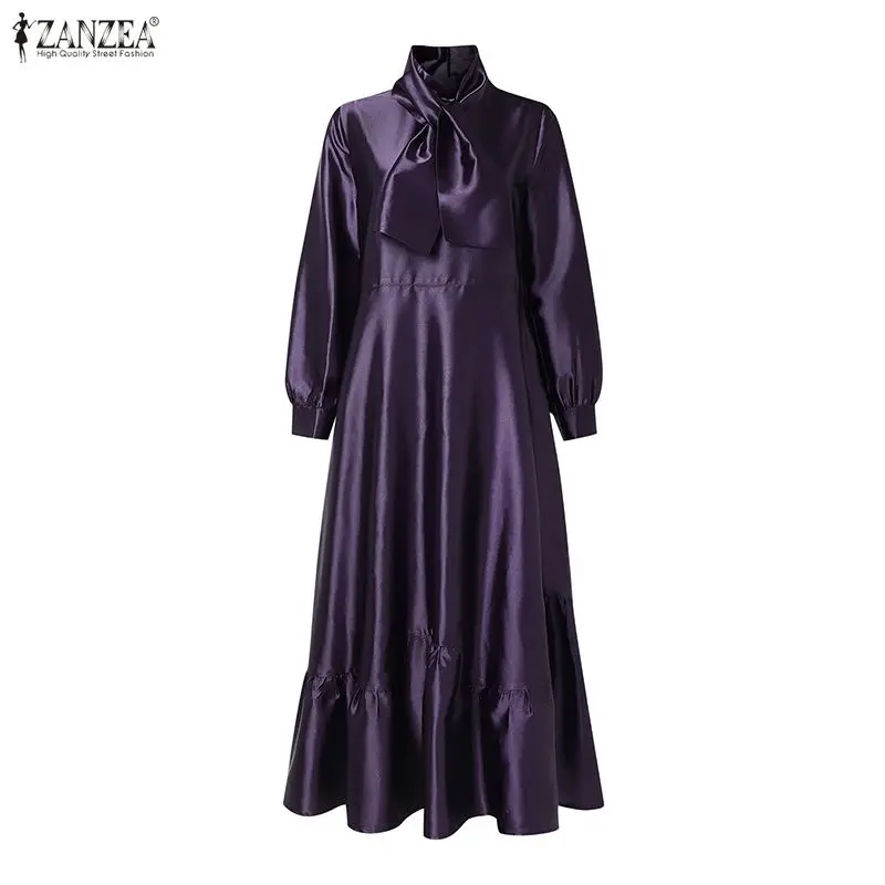ZANZEA Elegant Women Satin Silk Party Maxi Dress Tie Neck Long Sleeve Ruffled Hem Long Dress Evening Cocktail Glossy Robes Femme