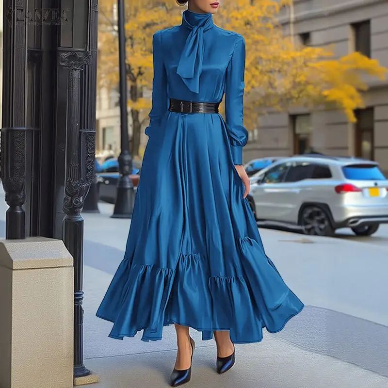 ZANZEA Elegant Women Satin Silk Party Maxi Dress Tie Neck Long Sleeve Ruffled Hem Long Dress Evening Cocktail Glossy Robes Femme